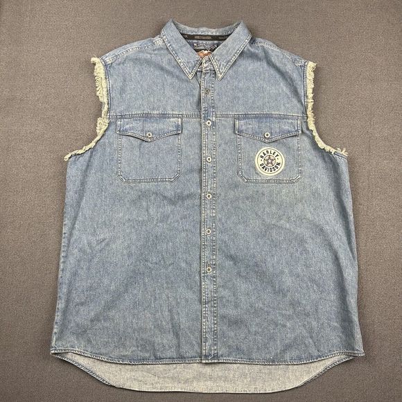 Harley Davidson Denim Jean Vest Mens 3XL Motorcycle Embroidered Logo Spokane - Picture 1 of 9